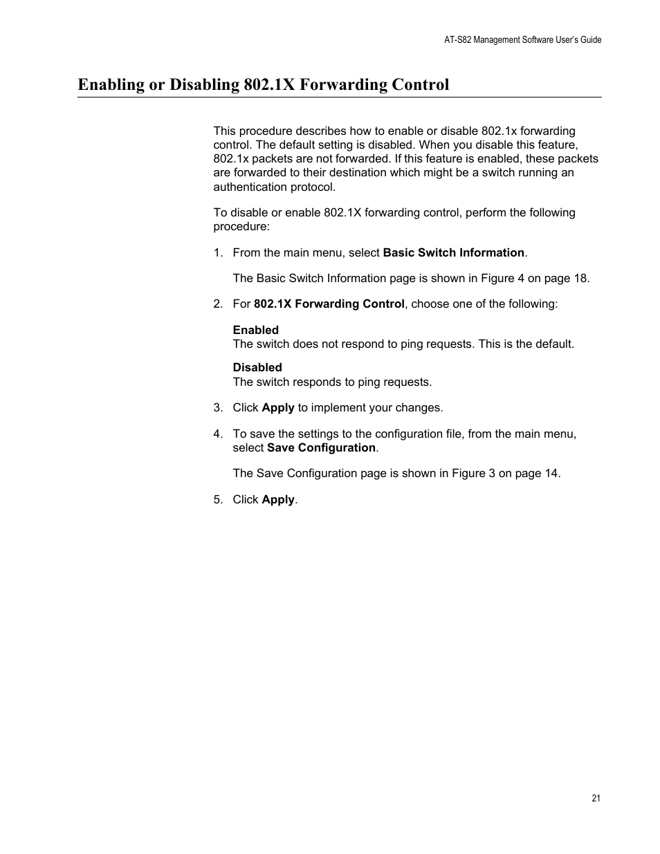 Enabling or disabling 802.1x forwarding control | Allied Telesis AT-S82 User Manual | Page 21 / 76