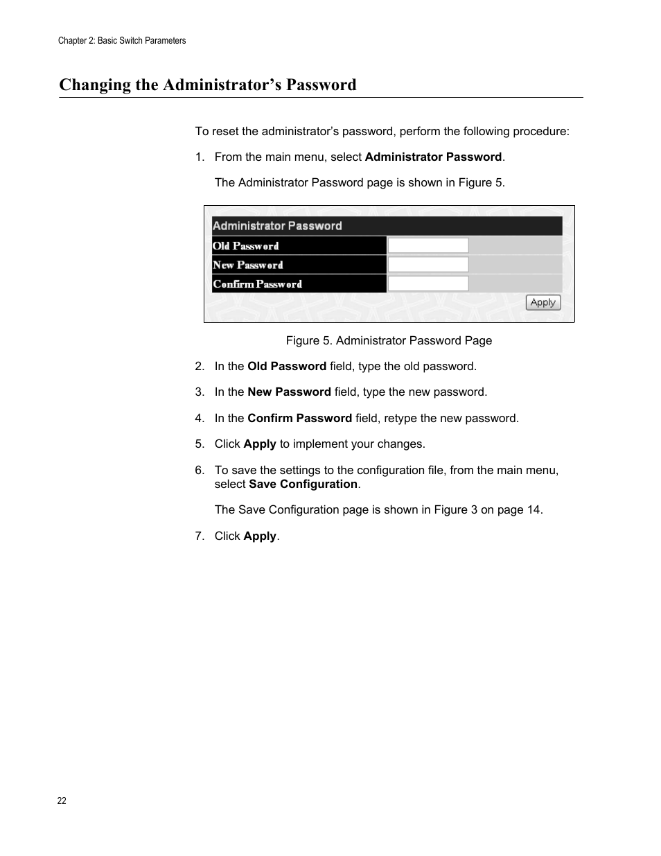 Changing the administrator’s password | Allied Telesis AT-S82 User Manual | Page 22 / 76