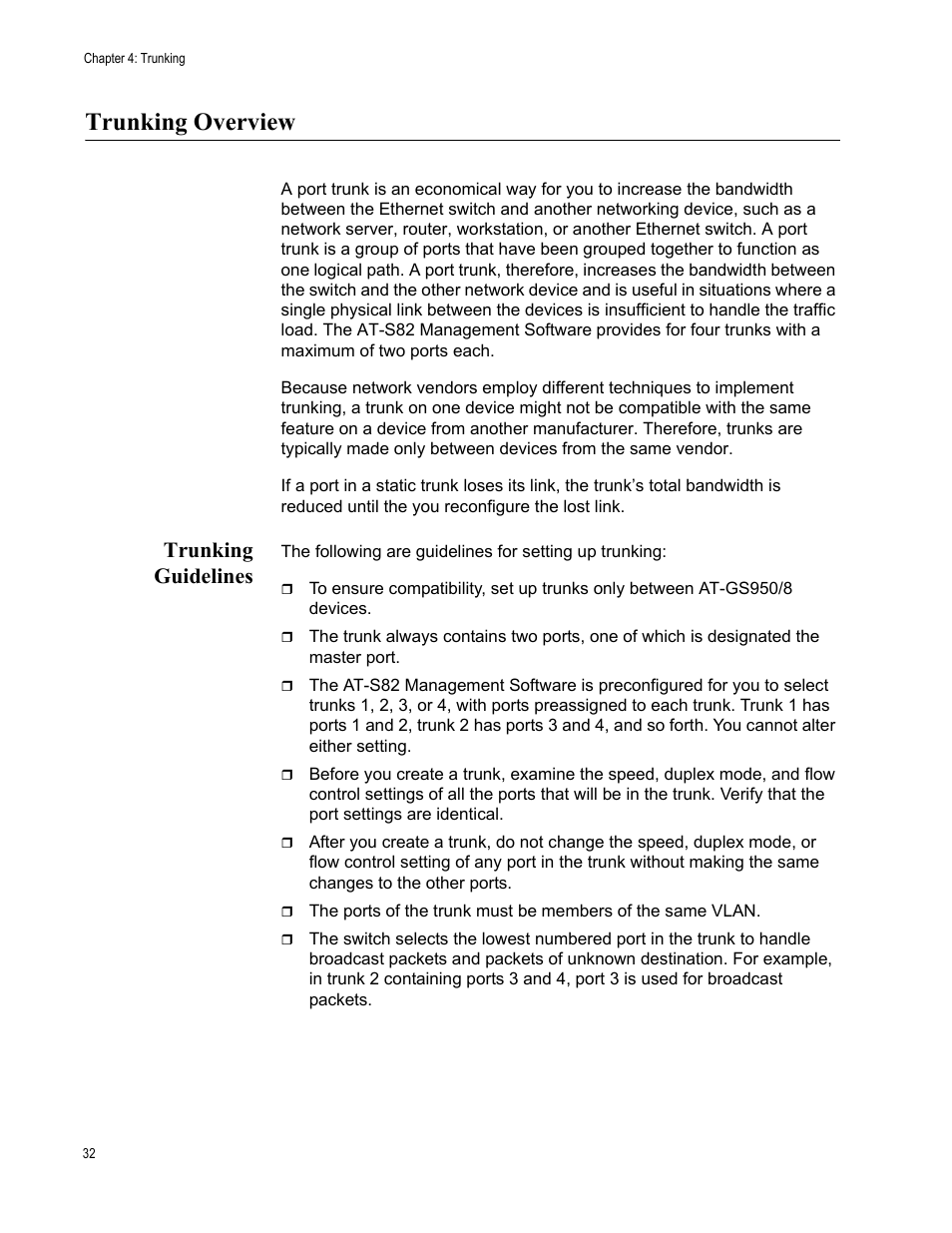 Trunking overview, Trunking guidelines | Allied Telesis AT-S82 User Manual | Page 32 / 76