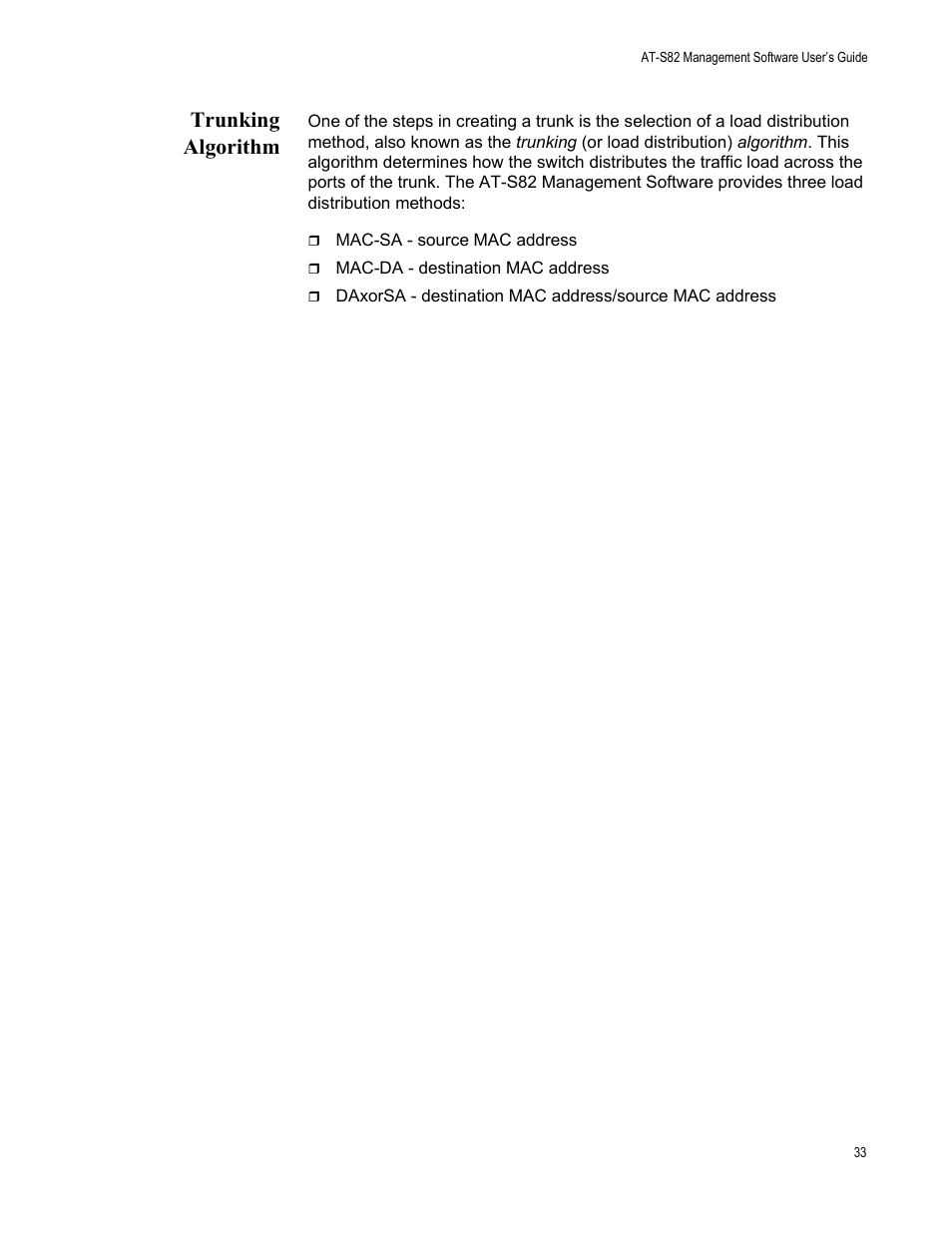 Trunking algorithm | Allied Telesis AT-S82 User Manual | Page 33 / 76