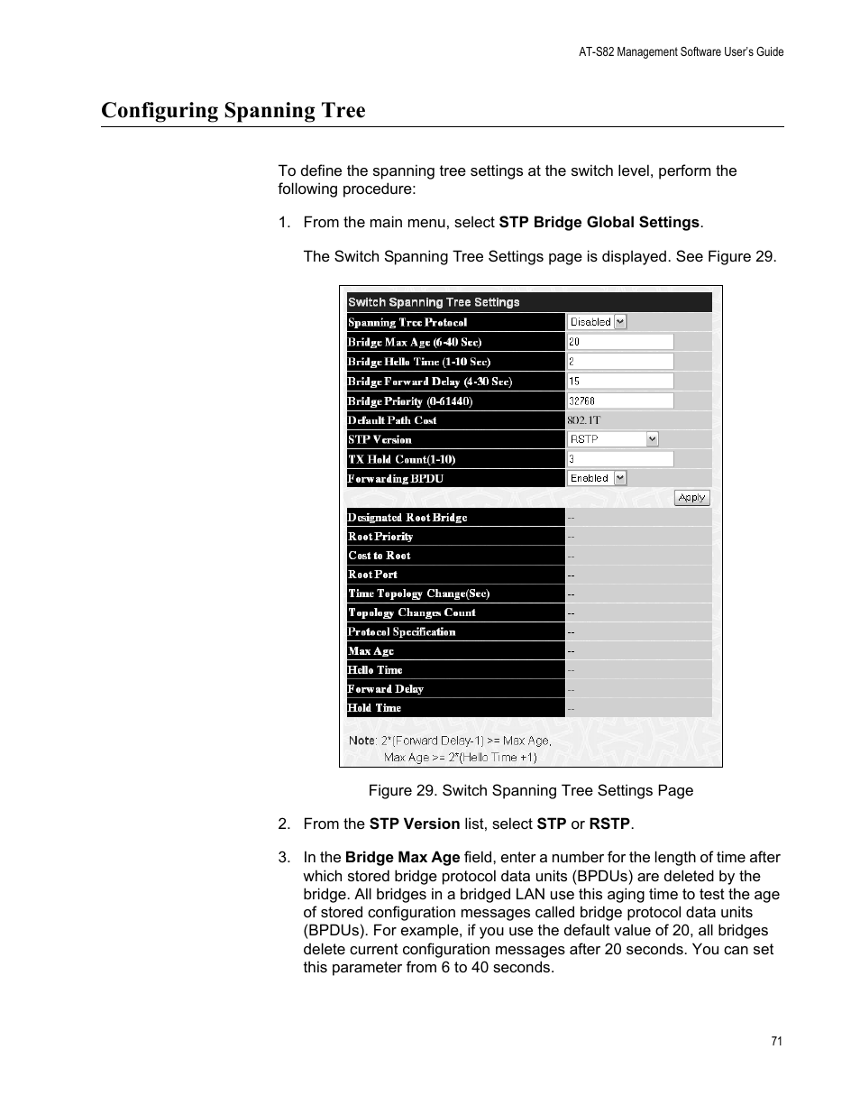 Configuring spanning tree | Allied Telesis AT-S82 User Manual | Page 71 / 76