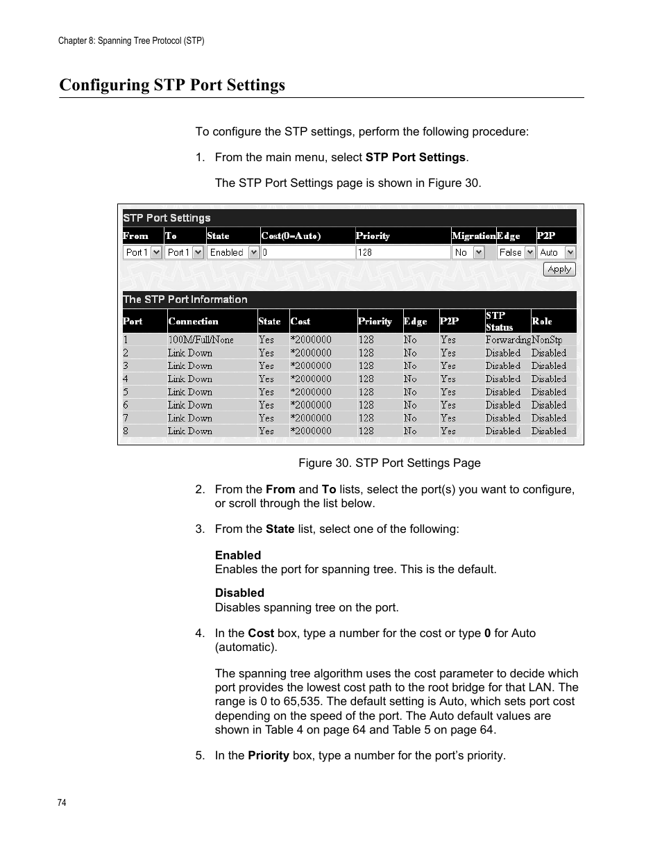 Configuring stp port settings | Allied Telesis AT-S82 User Manual | Page 74 / 76
