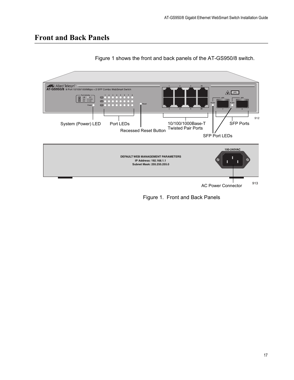 Front and back panels, Figure 1. front and back panels | Allied Telesis AT-GS950/8 User Manual | Page 17 / 52