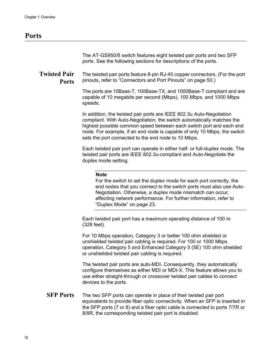 Ports, Twisted pair ports, Sfp ports | Twisted pair ports sfp ports | Allied Telesis AT-GS950/8 User Manual | Page 18 / 52