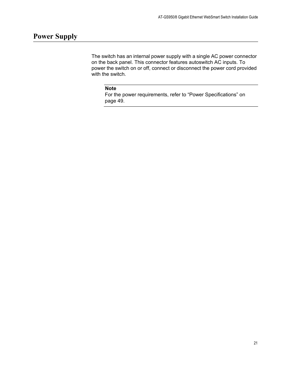 Power supply | Allied Telesis AT-GS950/8 User Manual | Page 21 / 52