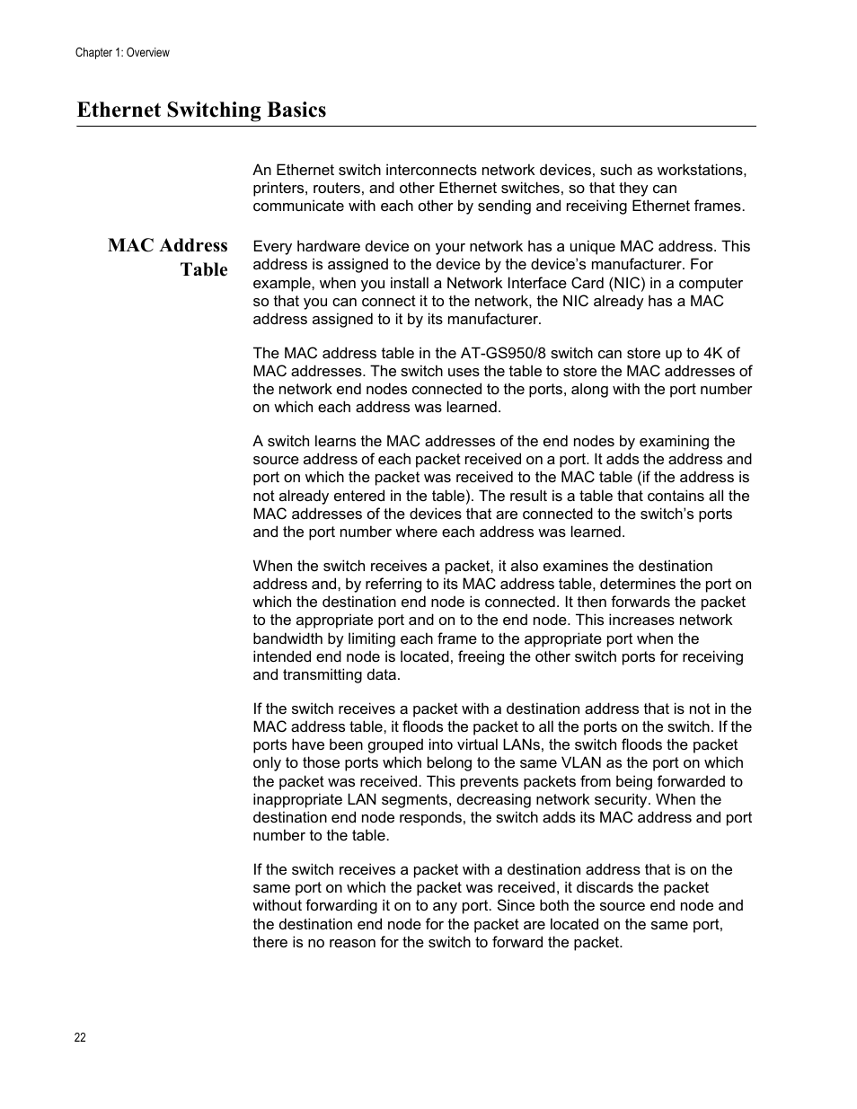 Ethernet switching basics, Mac address table | Allied Telesis AT-GS950/8 User Manual | Page 22 / 52