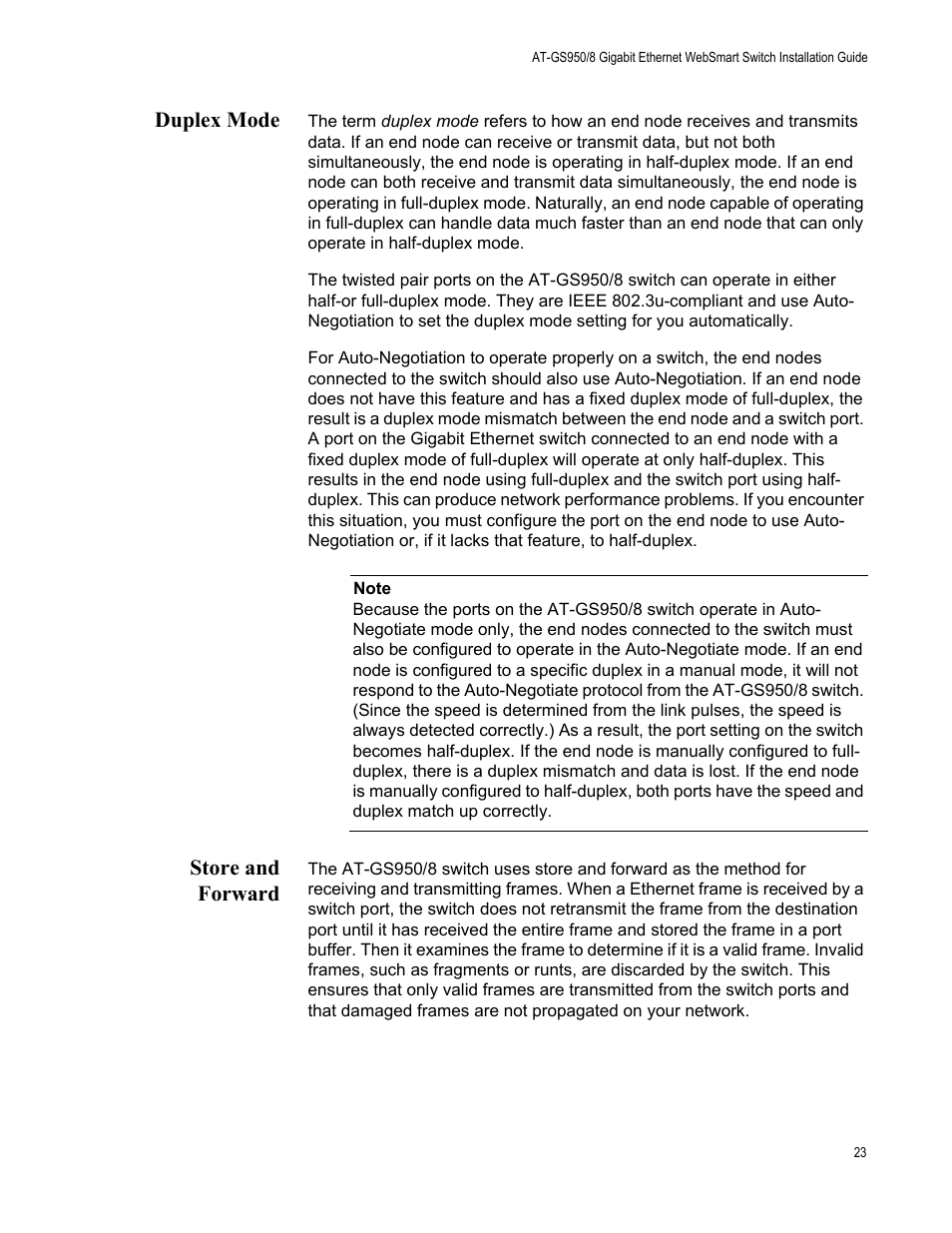 Duplex mode, Store and forward, Duplex mode store and forward | Allied Telesis AT-GS950/8 User Manual | Page 23 / 52