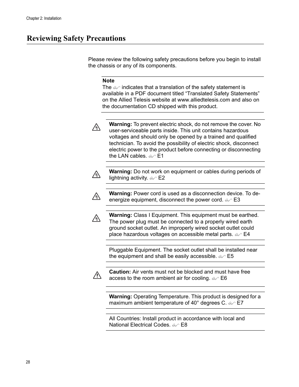 Reviewing safety precautions | Allied Telesis AT-GS950/8 User Manual | Page 28 / 52