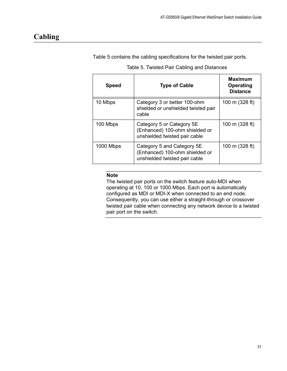 Cabling, Table 5. twisted pair cabling and distances | Allied Telesis AT-GS950/8 User Manual | Page 31 / 52