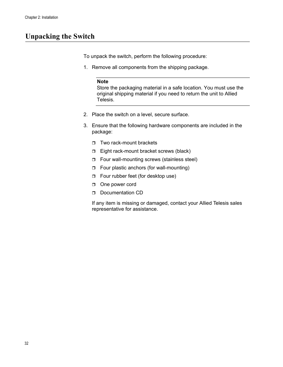 Unpacking the switch | Allied Telesis AT-GS950/8 User Manual | Page 32 / 52
