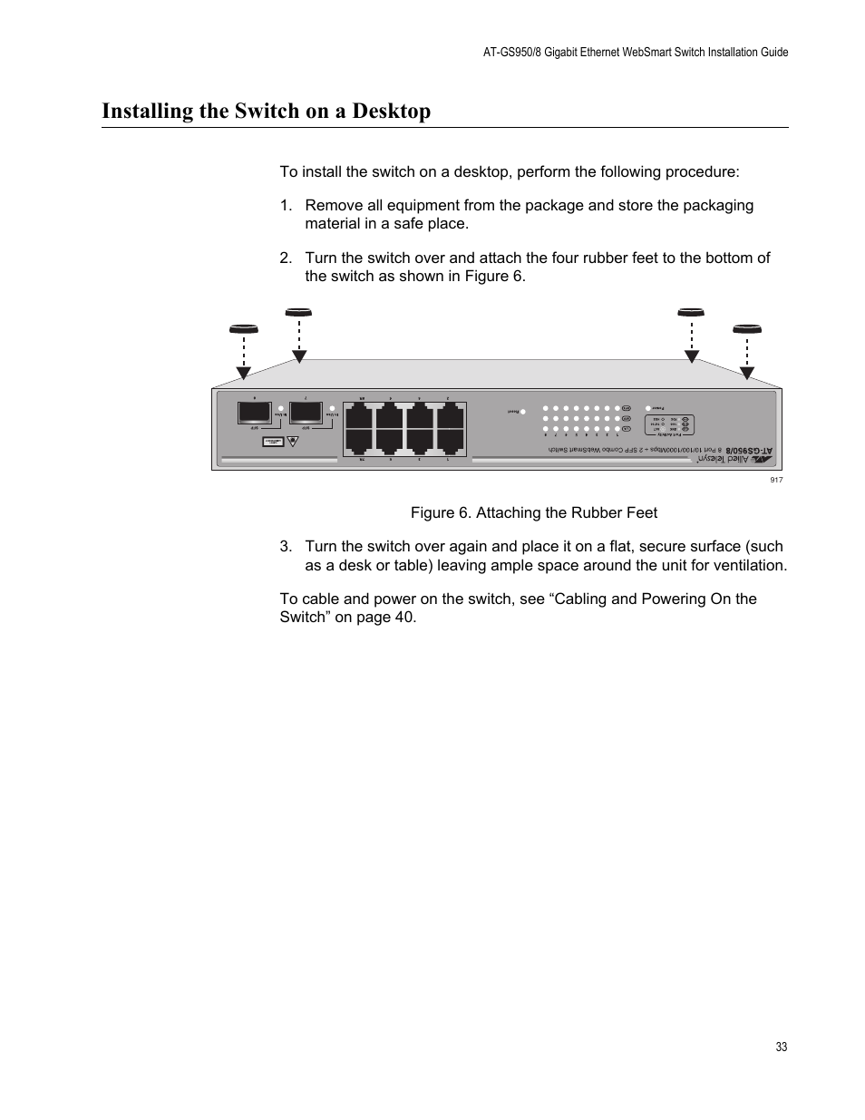 Installing the switch on a desktop, Figure 6. attaching the rubber feet | Allied Telesis AT-GS950/8 User Manual | Page 33 / 52
