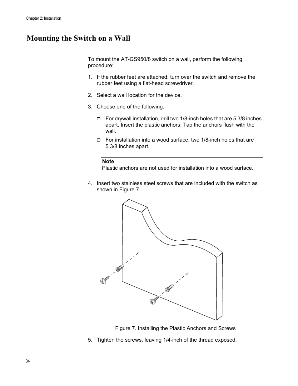 Mounting the switch on a wall | Allied Telesis AT-GS950/8 User Manual | Page 34 / 52