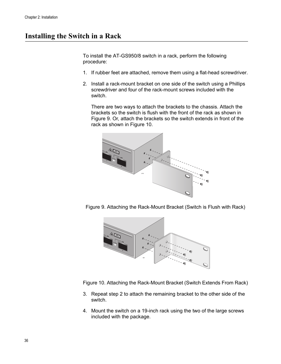 Installing the switch in a rack | Allied Telesis AT-GS950/8 User Manual | Page 36 / 52