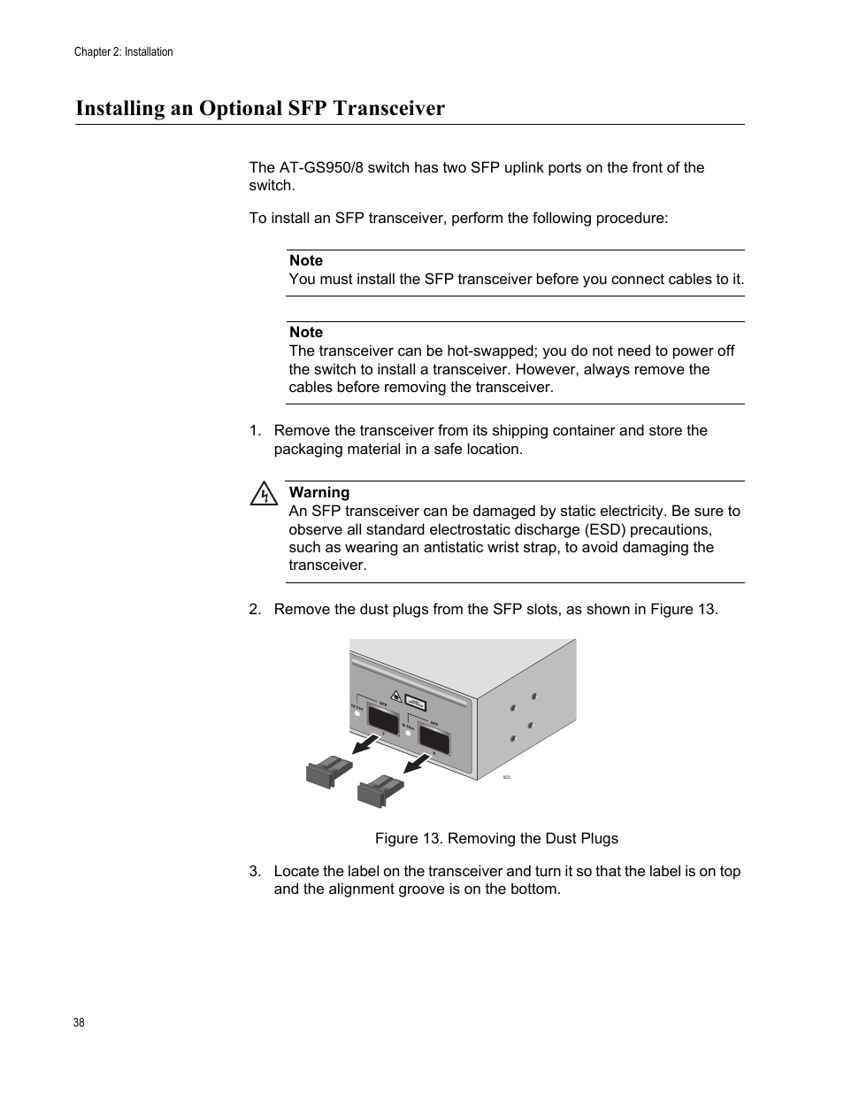 Installing an optional sfp transceiver, Figure 13. removing the dust plugs | Allied Telesis AT-GS950/8 User Manual | Page 38 / 52