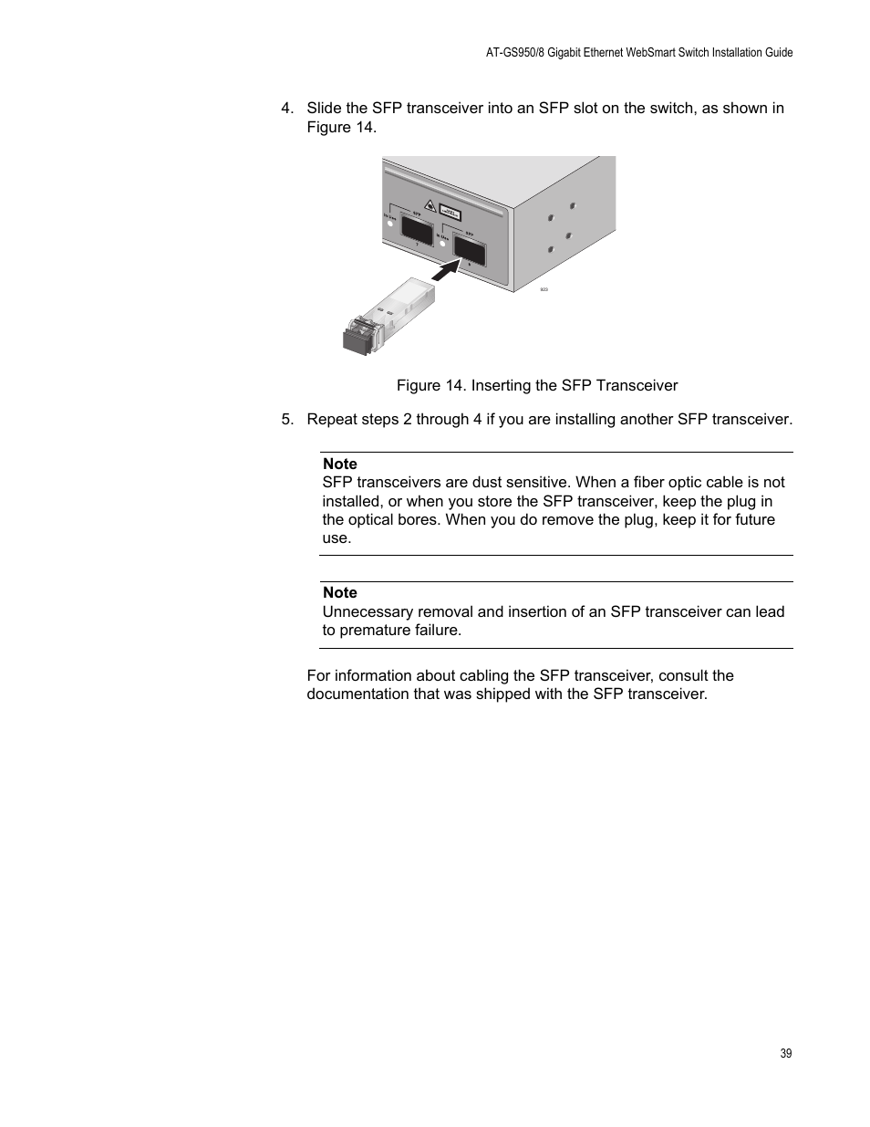Figure 14. inserting the sfp transceiver | Allied Telesis AT-GS950/8 User Manual | Page 39 / 52