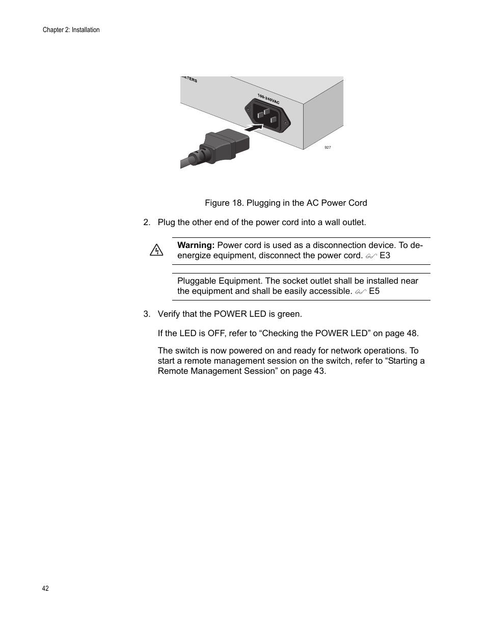 Figure 18. plugging in the ac power cord | Allied Telesis AT-GS950/8 User Manual | Page 42 / 52