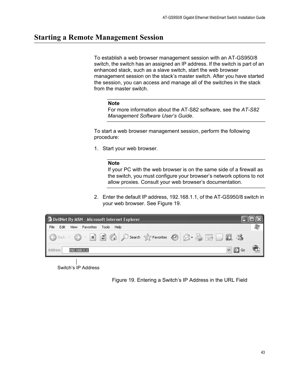Starting a remote management session | Allied Telesis AT-GS950/8 User Manual | Page 43 / 52