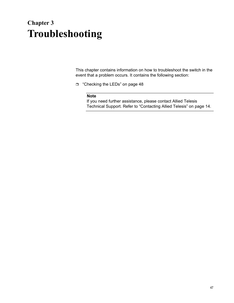 Chapter 3, Troubleshooting, R 3: troubleshooting | Allied Telesis AT-GS950/8 User Manual | Page 47 / 52