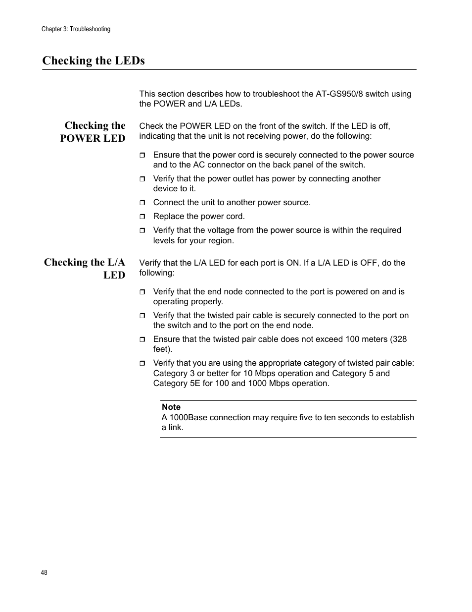 Checking the leds, Checking the power led, Checking the l/a led | Checking the power led checking the l/a led | Allied Telesis AT-GS950/8 User Manual | Page 48 / 52