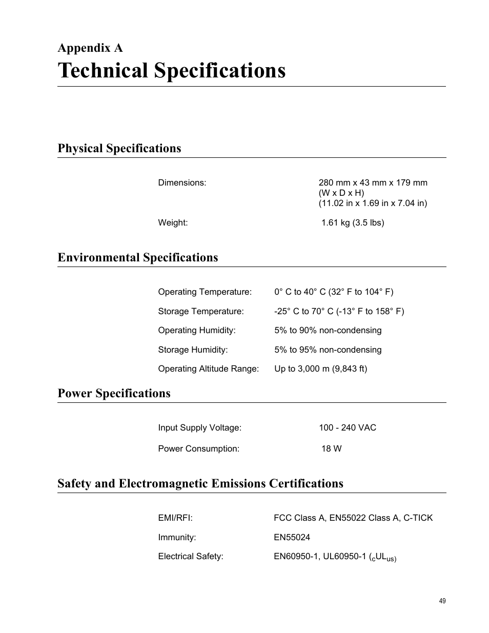 Appendix a, Technical specifications, Physical specifications | Environmental specifications, Power specifications, Appendix a: technical specifications | Allied Telesis AT-GS950/8 User Manual | Page 49 / 52