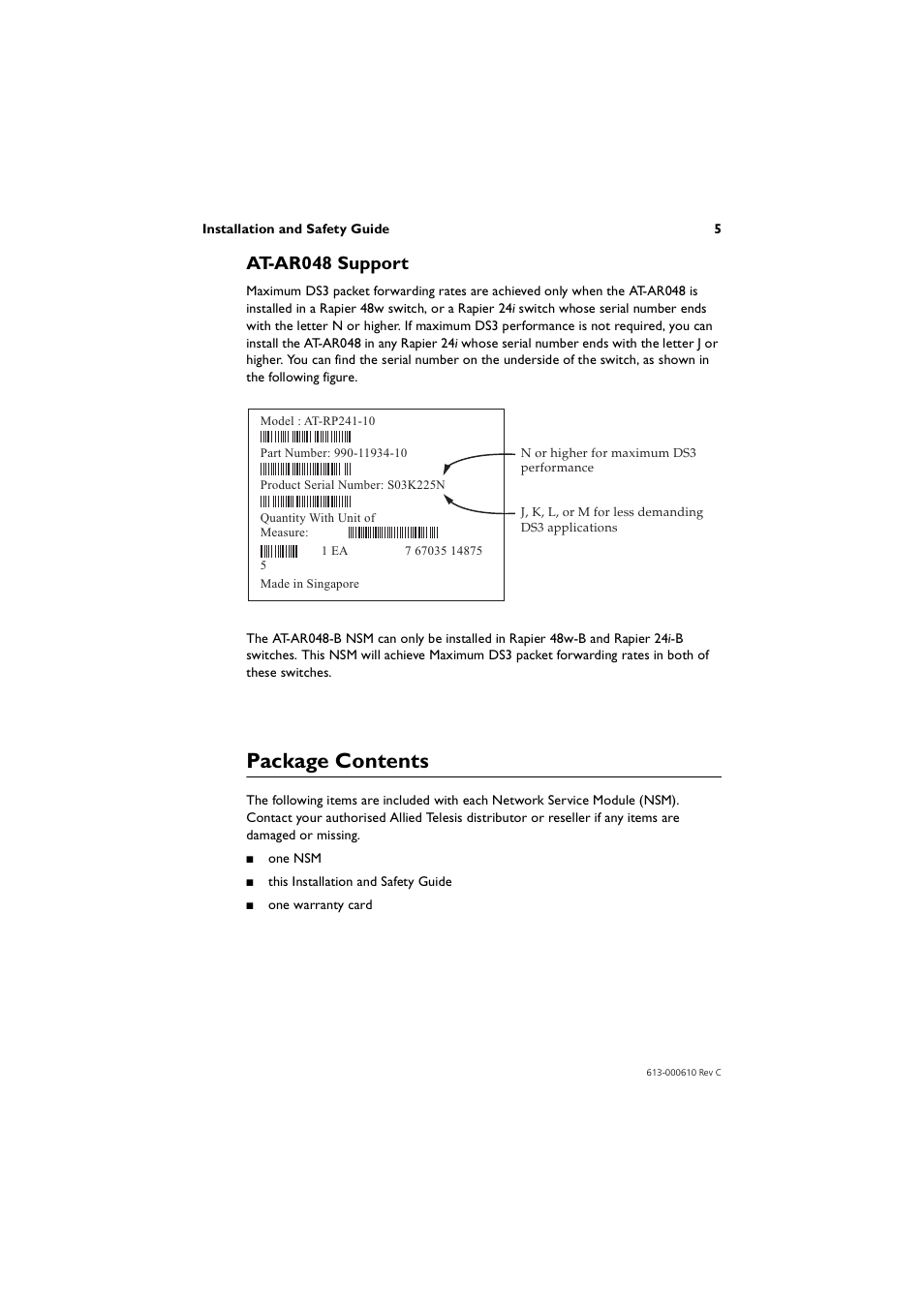 At-ar048 support, Package contents | Allied Telesis AT-AR048-B User Manual | Page 6 / 13