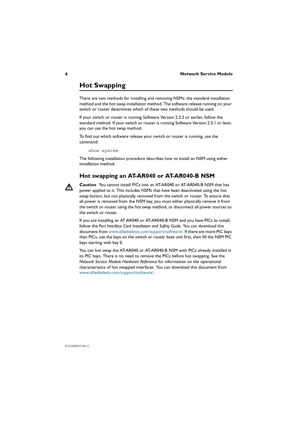 Hot swapping, Hot swapping an at-ar040 or at-ar040-b nsm | Allied Telesis AT-AR048-B User Manual | Page 7 / 13