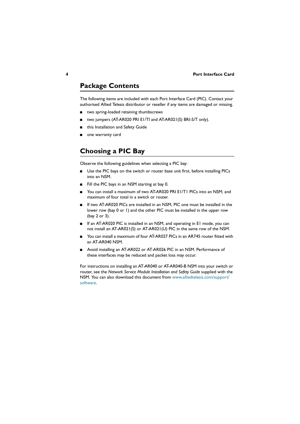 Package contents, Choosing a pic bay | Allied Telesis AT-AR027 VoIP-FXS User Manual | Page 5 / 13