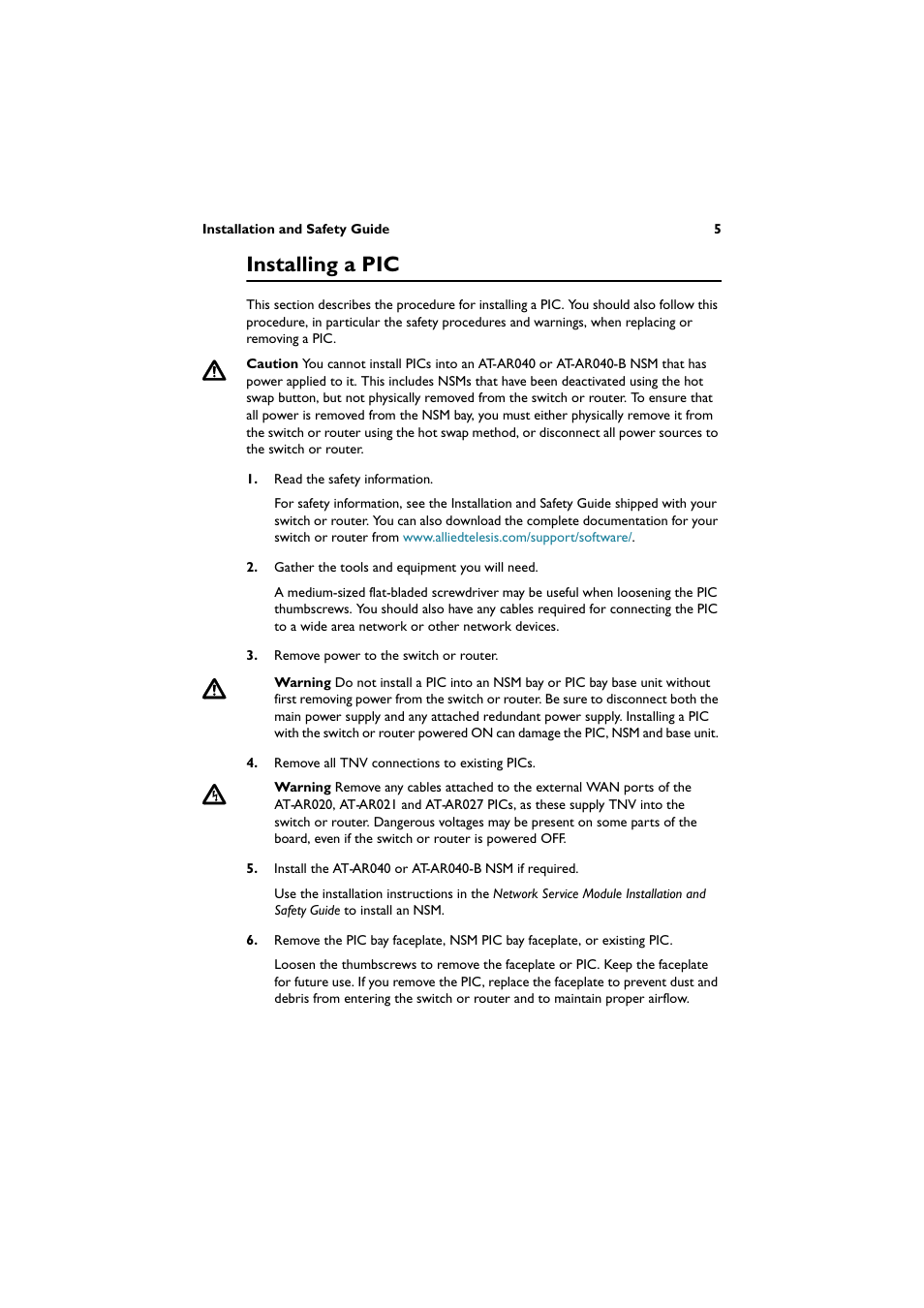 Installing a pic | Allied Telesis AT-AR027 VoIP-FXS User Manual | Page 6 / 13
