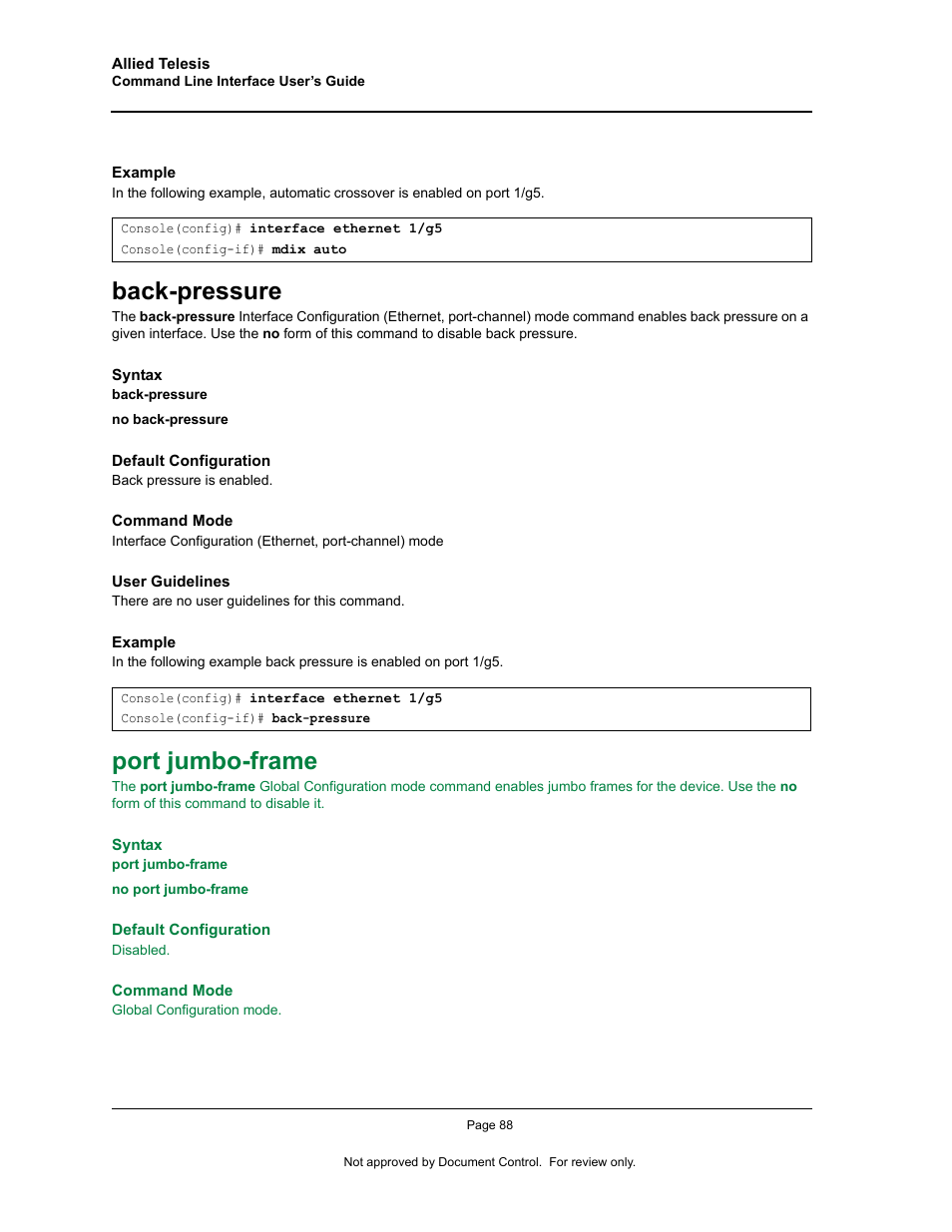 Back-pressure, Port jumbo-frame, Back-pressure port jumbo-frame | Allied Telesis AT-S95 CLI User Manual | Page 100 / 348