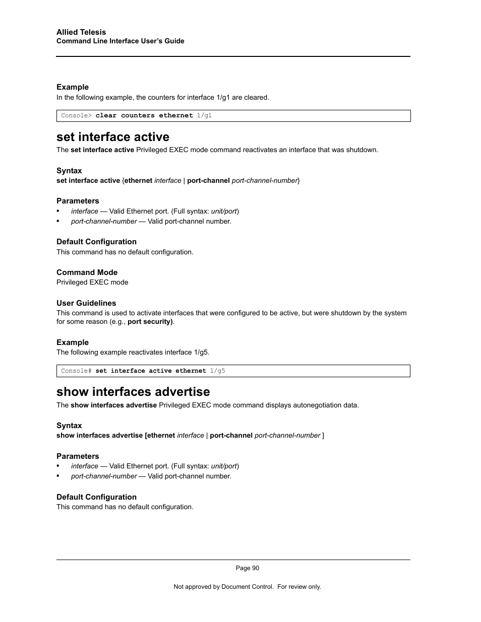 Set interface active, Show interfaces advertise, Set interface active show interfaces advertise | Allied Telesis AT-S95 CLI User Manual | Page 102 / 348