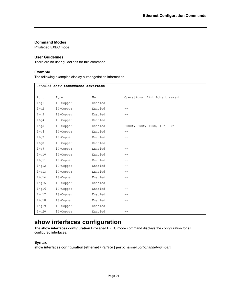 Show interfaces configuration | Allied Telesis AT-S95 CLI User Manual | Page 103 / 348