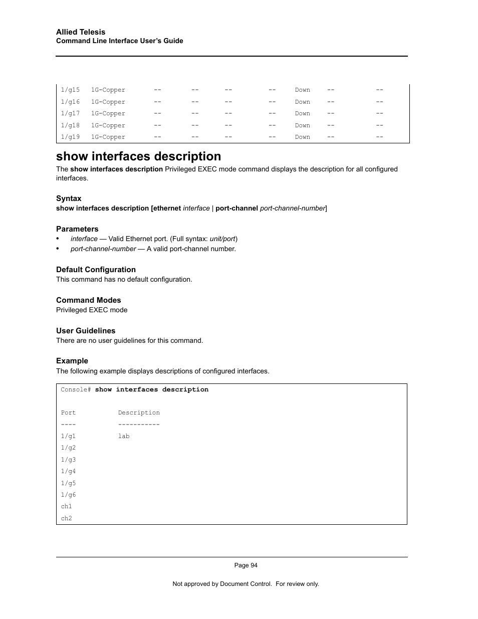 Show interfaces description | Allied Telesis AT-S95 CLI User Manual | Page 106 / 348
