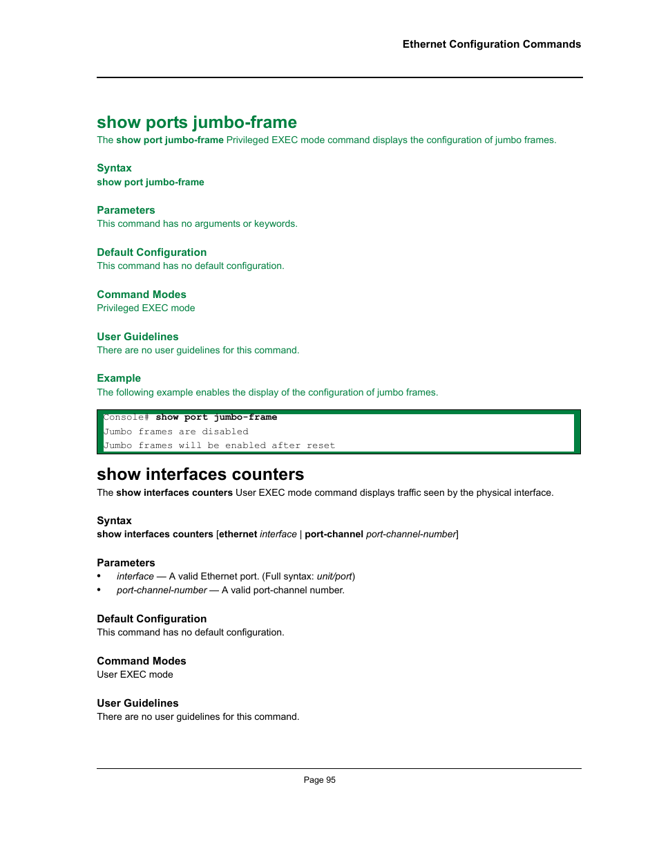 Show ports jumbo-frame, Show interfaces counters | Allied Telesis AT-S95 CLI User Manual | Page 107 / 348