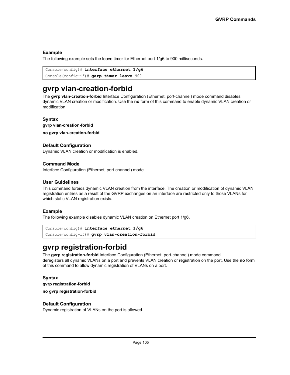 Gvrp vlan-creation-forbid, Gvrp registration-forbid, Gvrp vlan-creation-forbid gvrp registration-forbid | Allied Telesis AT-S95 CLI User Manual | Page 117 / 348
