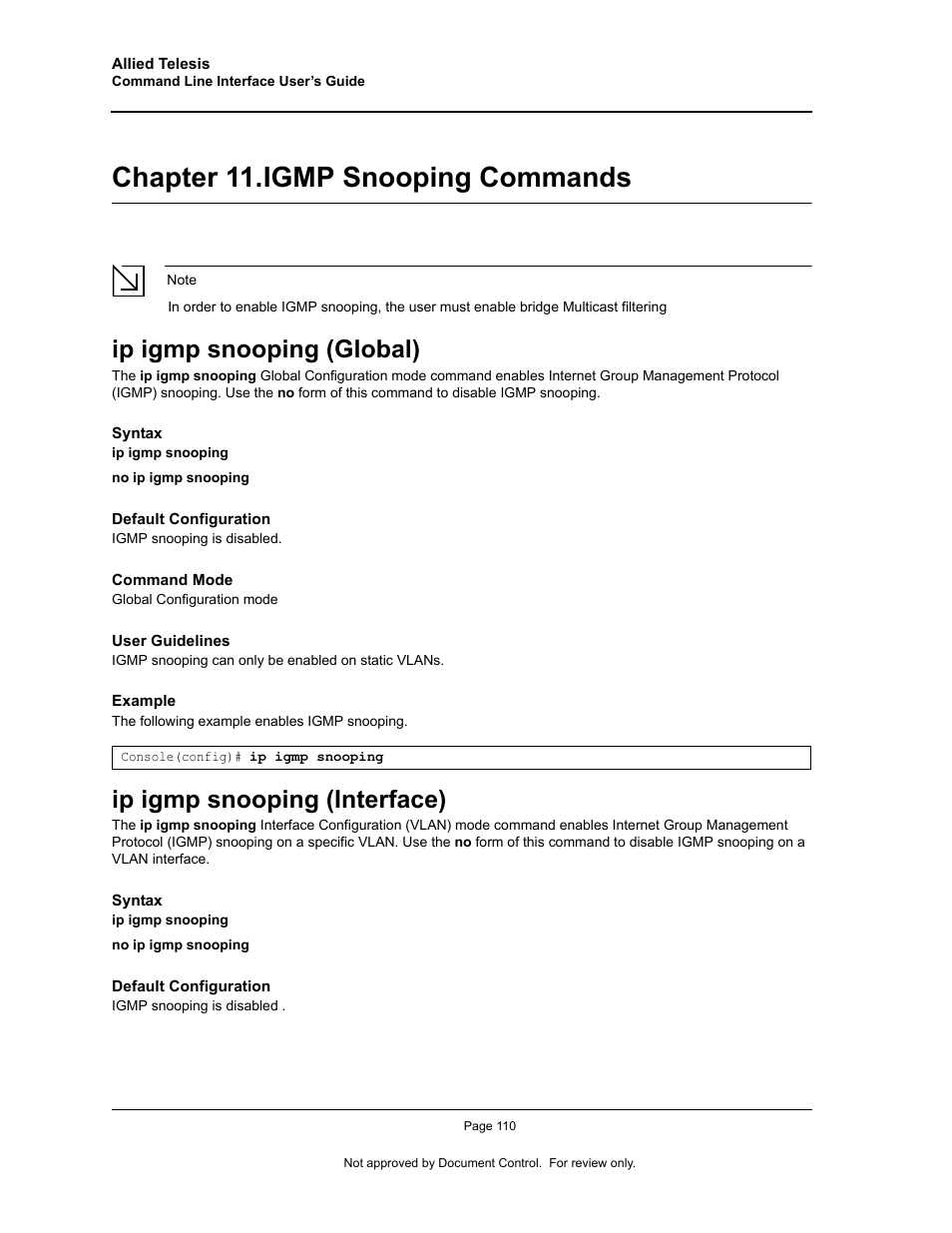 Chapter 11. igmp snooping commands, Ip igmp snooping (global), Ip igmp snooping (interface) | Chapter 11.igmp snooping commands, Chapter 11. "igmp snooping commands | Allied Telesis AT-S95 CLI User Manual | Page 122 / 348
