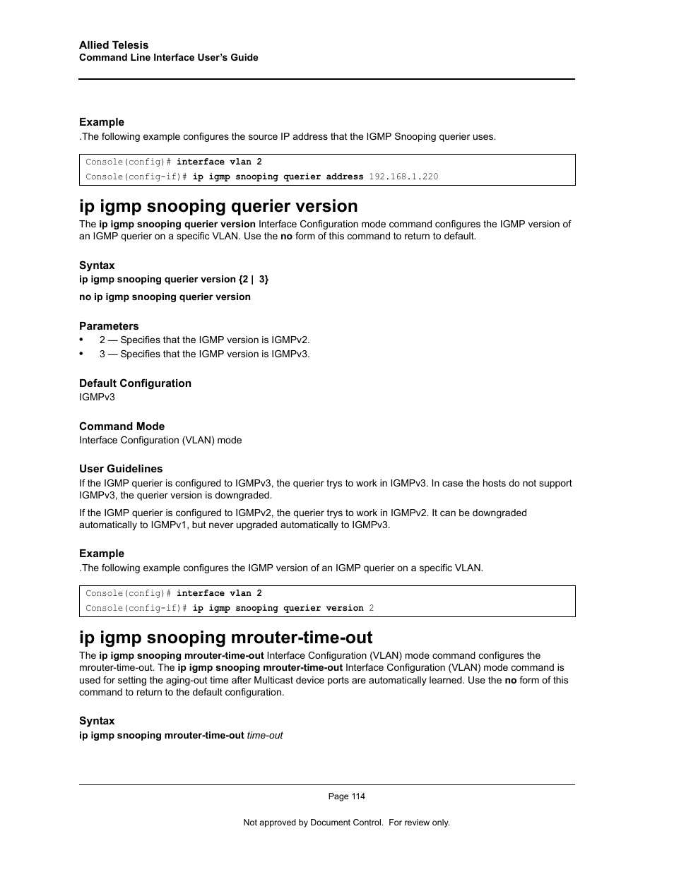 Ip igmp snooping querier version, Ip igmp snooping mrouter-time-out | Allied Telesis AT-S95 CLI User Manual | Page 126 / 348