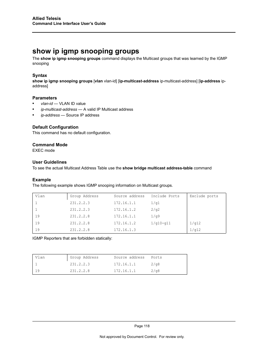 Show ip igmp snooping groups | Allied Telesis AT-S95 CLI User Manual | Page 130 / 348
