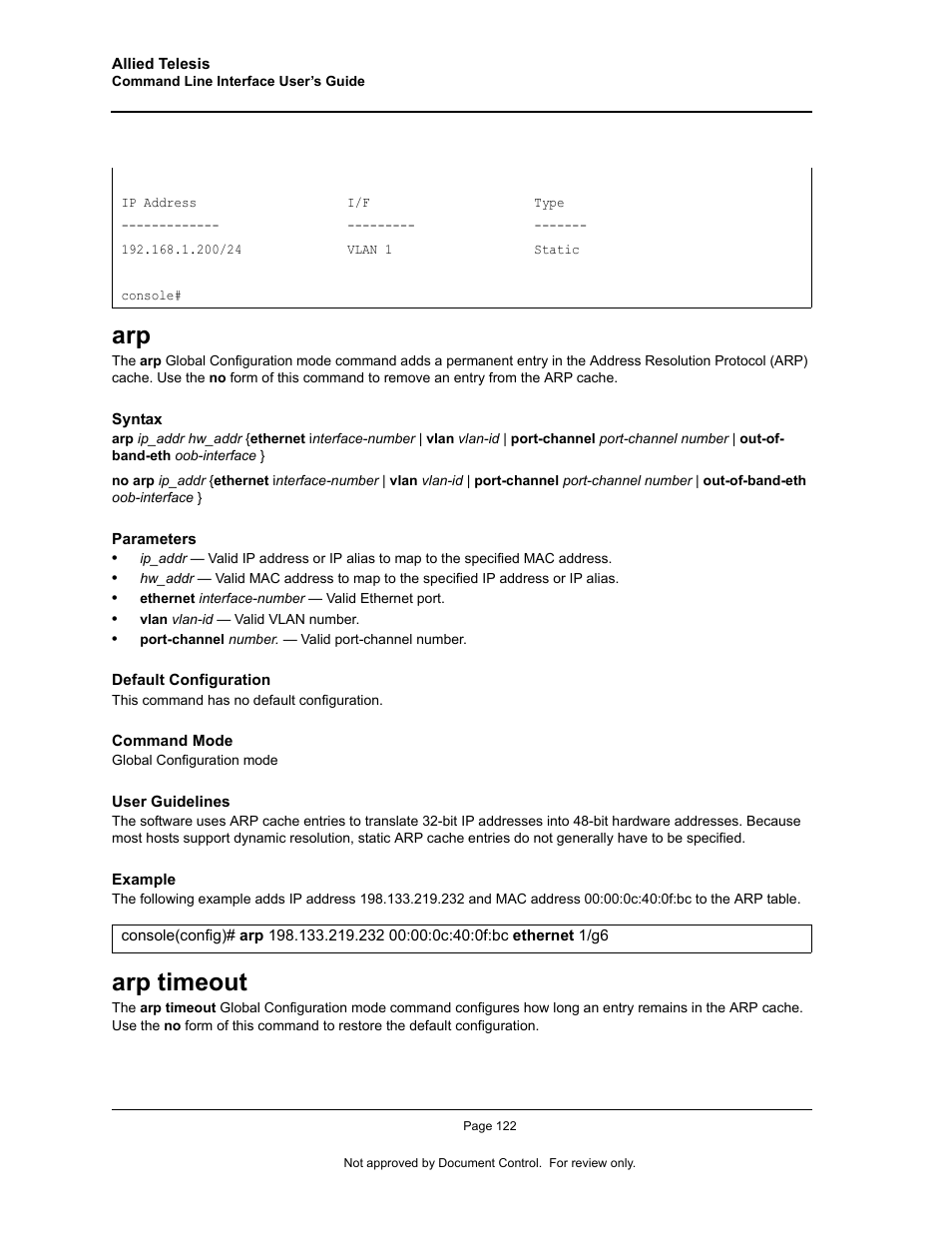 Arp timeout, Arp arp timeout | Allied Telesis AT-S95 CLI User Manual | Page 134 / 348