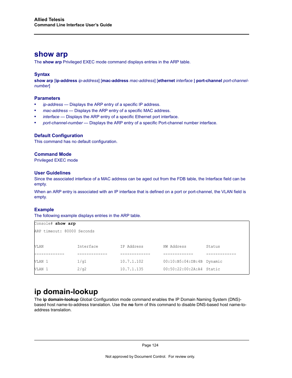 Show arp, Ip domain-lookup, Show arp ip domain-lookup | Allied Telesis AT-S95 CLI User Manual | Page 136 / 348