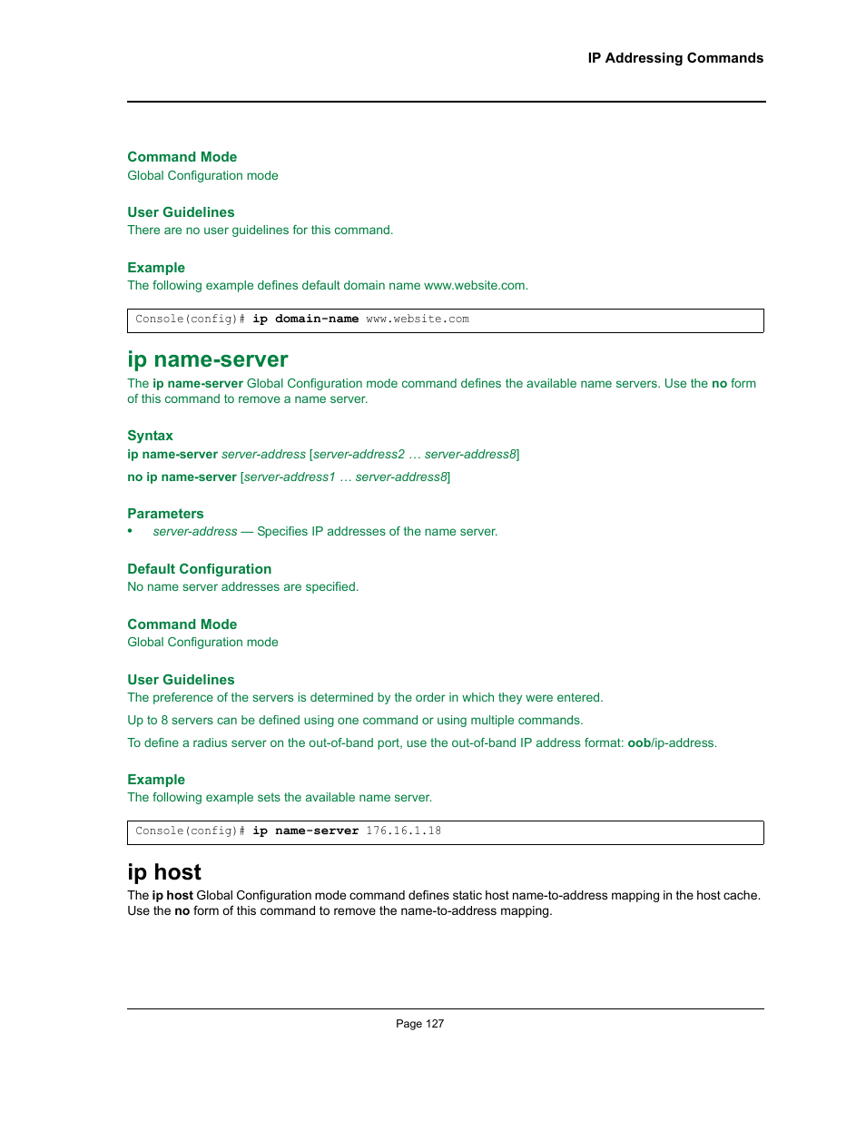 Ip name-server, Ip host, Ip name-server ip host | Allied Telesis AT-S95 CLI User Manual | Page 139 / 348