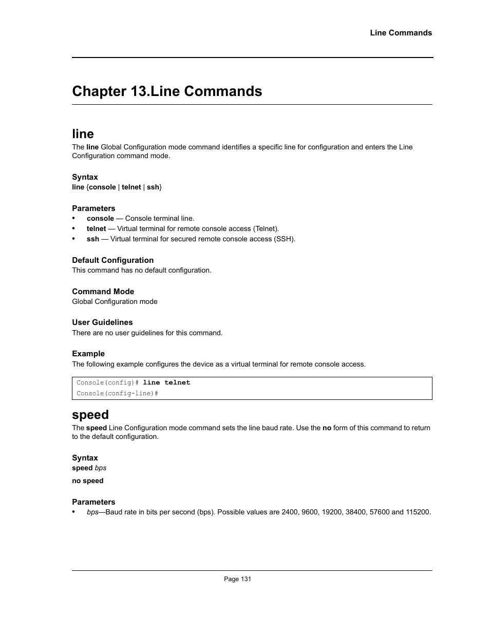 Chapter 13. line commands, Line, Speed | Chapter 13.line commands, Line speed, Chapter 13. "line commands | Allied Telesis AT-S95 CLI User Manual | Page 143 / 348