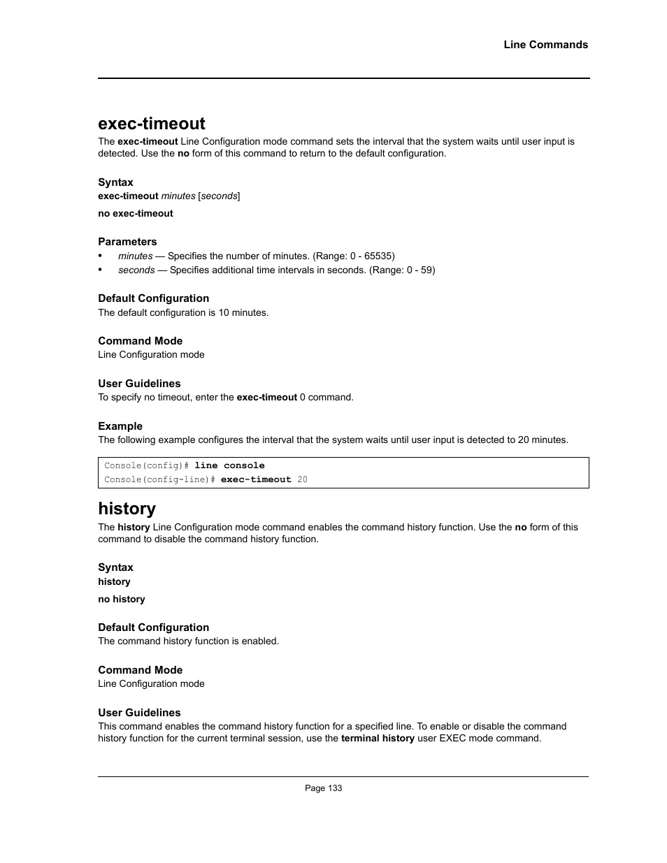 Exec-timeout, History, Exec-timeout history | Allied Telesis AT-S95 CLI User Manual | Page 145 / 348