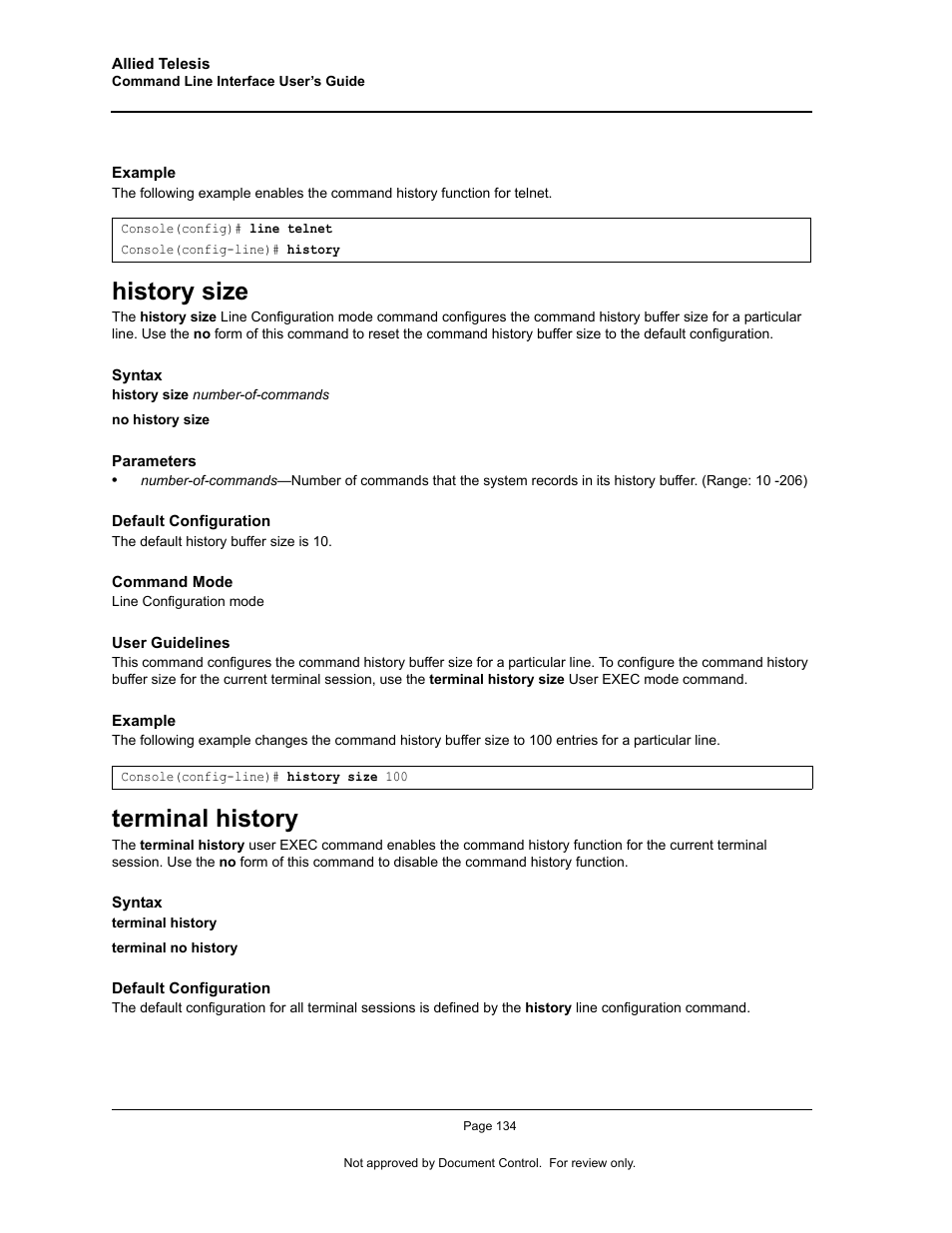 History size, Terminal history, History size terminal history | Allied Telesis AT-S95 CLI User Manual | Page 146 / 348