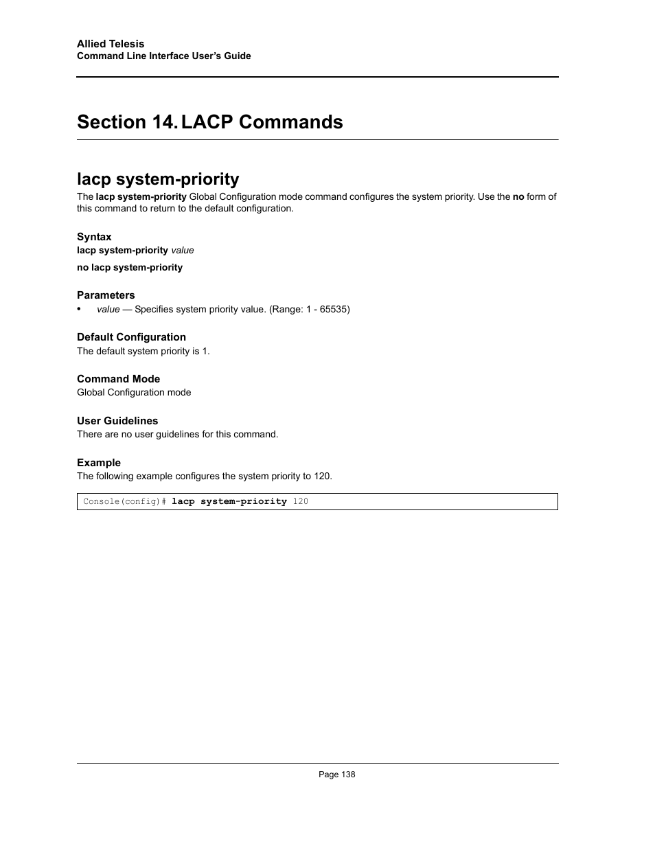 Section 14. lacp commands, Lacp system-priority, Section 14.lacp commands | Allied Telesis AT-S95 CLI User Manual | Page 150 / 348