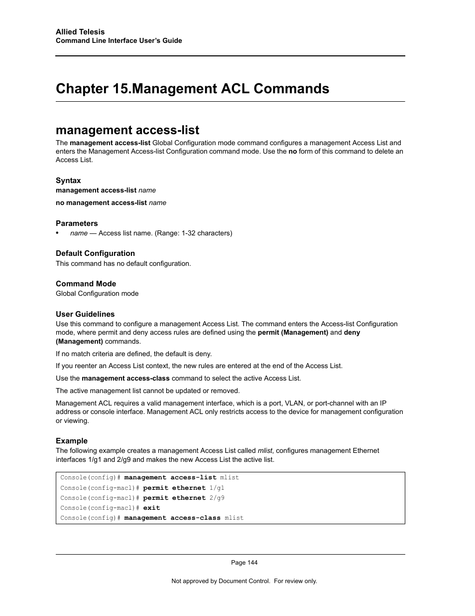 Chapter 15. management acl commands, Management access-list, Chapter 15.management acl commands | Chapter 15. "management acl commands | Allied Telesis AT-S95 CLI User Manual | Page 156 / 348