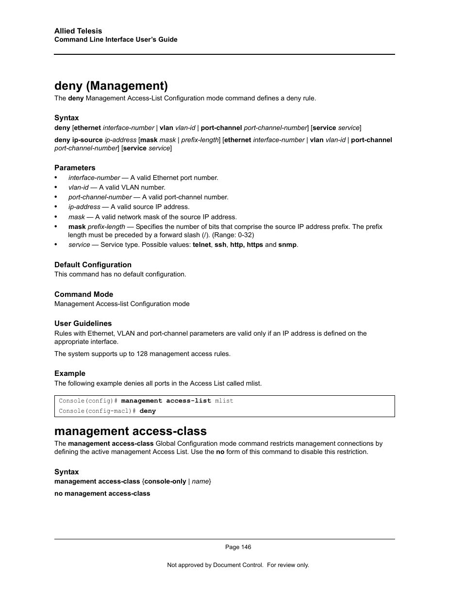 Deny (management), Management access-class, Deny (management) management access-class | Allied Telesis AT-S95 CLI User Manual | Page 158 / 348