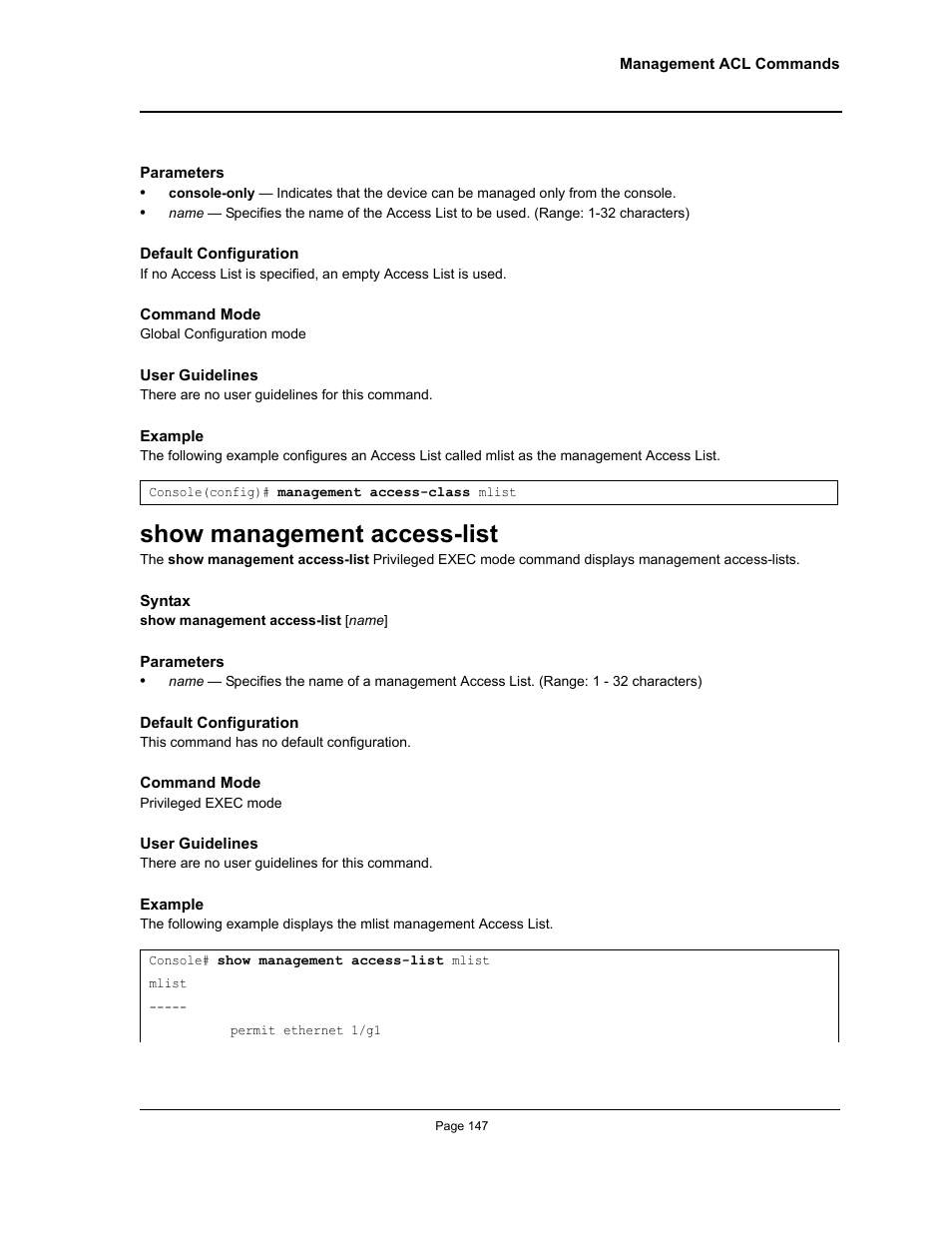 Show management access-list | Allied Telesis AT-S95 CLI User Manual | Page 159 / 348