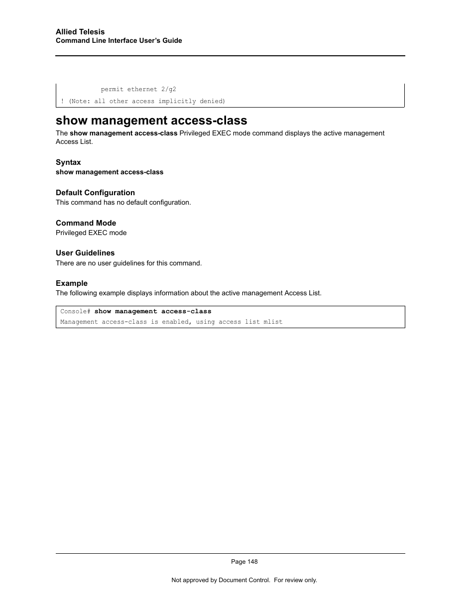 Show management access-class | Allied Telesis AT-S95 CLI User Manual | Page 160 / 348