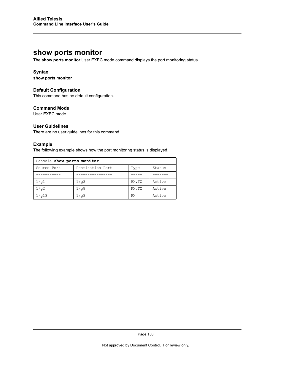 Show ports monitor | Allied Telesis AT-S95 CLI User Manual | Page 168 / 348