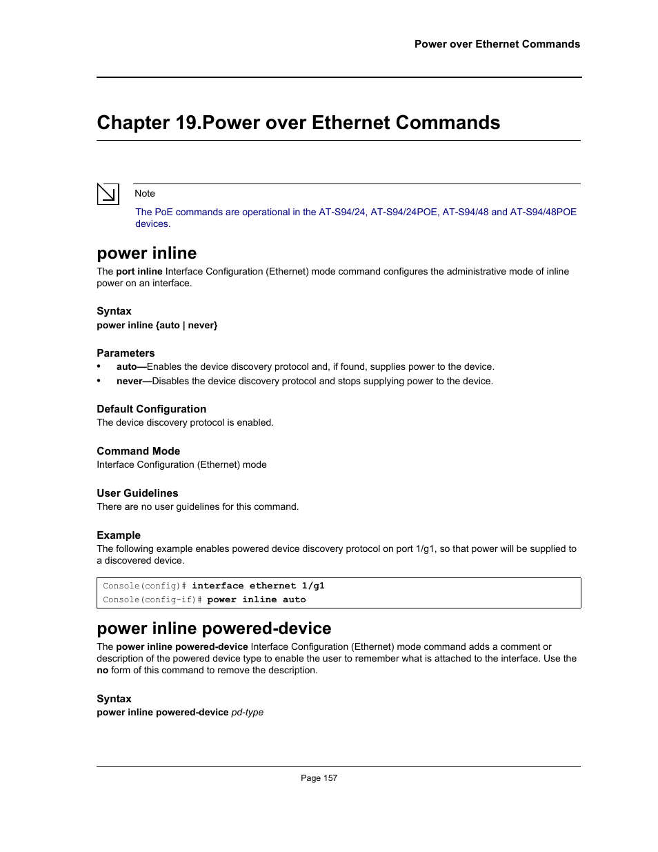 Chapter 19. power over ethernet commands, Power inline, Power inline powered-device | Chapter 19.power over ethernet commands, Chapter 19. "power over ethernet commands | Allied Telesis AT-S95 CLI User Manual | Page 169 / 348